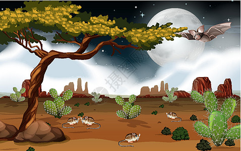 白天场景中的野生沙漠景观插图卡通片天气金字塔蝙蝠荒野太阳绿洲绘画风景图片