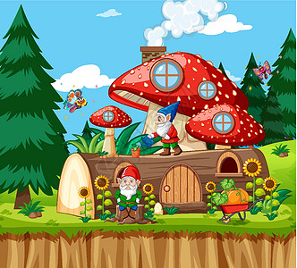 侏儒和木材蘑菇屋以及花园背景中的花园卡通风格指示牌建筑风景插图想像力框架环境童年孩子假期图片