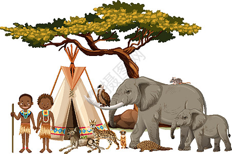 非洲部落与白色背景上的一群非洲野生动物食肉森林猎人生活哺乳动物捕食者动物园植物卡通片插图图片