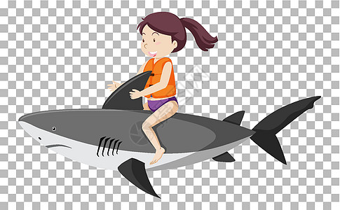 女孩骑鲨鱼隔离快乐女性场景卡通片行动享受娱乐海洋喜悦假期图片