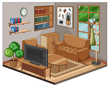 带家具的客厅内部设施房子住宅沙发电视建造房间建筑学展示卡通片图片