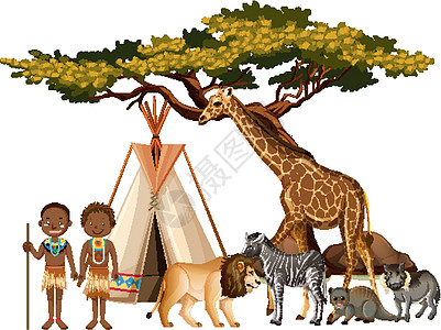 非洲部落与白色背景上的一群非洲野生动物团体环境卡通片森林动物群动物食肉生物绘画丛林图片