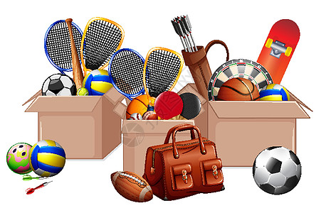 羽毛球包三个装满白色背景运动器材的盒子滑板球拍篮球羽毛球插图卡通片橄榄球足球球形活动设计图片