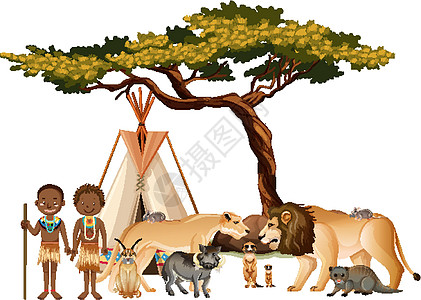 非洲部落与白色背景上的一群非洲野生动物团体绘画生活生物动物园环境捕食者哺乳动物动物收藏图片