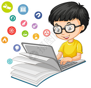 书呆子男孩在笔记本电脑上搜索与教育图标卡通风格隔离在白色背景图片