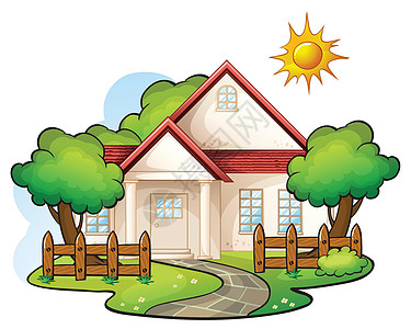 居内绘画房子太阳蓝色平房粉色红色绿色橙子材料图片