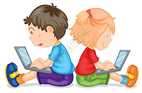 带笔记本电脑的孩子草图女孩监视器游戏女士孩子们背靠背男生男性女性图片