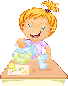 喝果汁的女孩金色卡通片草图店铺孩子柠檬工作微笑头发玻璃图片