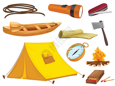 露营的各种对象剪贴工具火炬卡通片假期冒险绳索小屋罗盘火柴盒图片