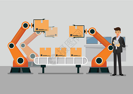 商务人士使用平板电脑控制智能工厂工业中的自动化机器人臂机人士工作工程师科学盒子机械技术机器药片男人图片