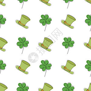 圣帕特里克节无缝图案-三叶草叶和绿色圆顶礼帽 ha图片