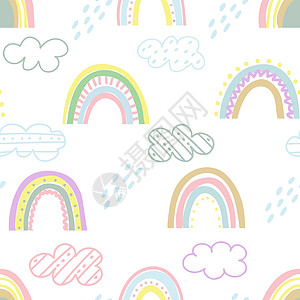 雨彩虹婴儿无缝图案与彩虹云和滴矢量图设计图片