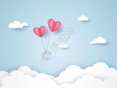 微艺婚礼电子相册情人节插画手绘粉色心形气球在蓝天飞翔纸艺文稿设计图片
