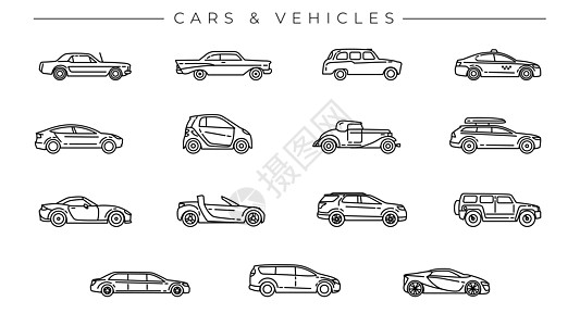 汽车和车辆概念线样式矢量图标集车皮楷模越野车运输出租车乘客越野轿车两人信息图片