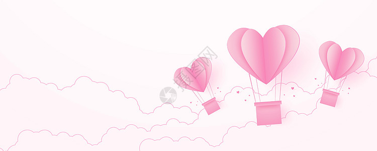 情人节爱情概念背景纸粉红色心形热气球漂浮在天空与艺术风格剪纸海报明信片周年卡片庆典墙纸假期横幅纪念日图片