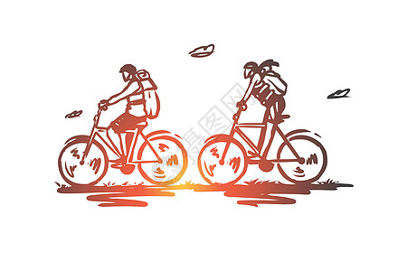 循环旅游骑自行车游客积极的概念 手绘孤立的矢量娱乐乐趣冒险活动插图山地头盔运动旅行男人图片