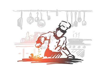 烹饪厨师食品概念 手绘孤立的矢量男人咖啡店工作用餐盘子帽子餐饮炊具草图职业背景图片