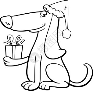 圣诞节时带礼物的卡通狗着色书页图片