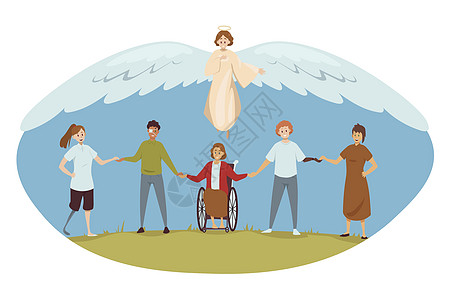 保护残疾支持宗教基督教概念人士残障女士女孩团队天堂喜悦男生轮椅祝福图片