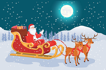 圣诞老人满月的夜景 带着他的雪橇和驯鹿图片