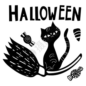 黑色涂鸦万圣节矢量设计 扫帚上有一只可爱的猫 儿童插画庆典网页印刷品等图片