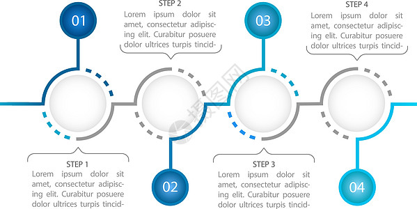 蓝色圈信息图表设计模板 促销信息 带有空白复制空间的抽象矢量信息图 具有 4 个步骤序列的教学图形 可视化数据呈现图片