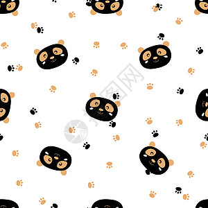白色背景上带有可爱熊猫足迹的无缝图案 有趣的亚洲动物 孩子们的明信片 织物纺织品墙纸海报礼品包装纸的平面矢量图想像力丛林脚印卡通图片
