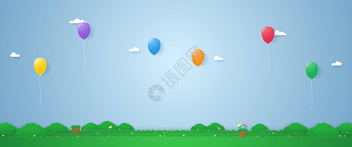 五颜六色的气球在纸艺风格的草地上漂浮图片