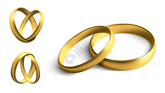 白色背景上孤立的金结婚戒指一套家庭夫妻金属假期奢华妻子宝石金子念日反射图片