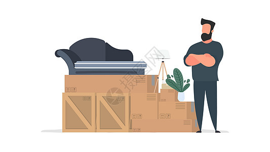 一个男人拿着纸箱站着 送货和货运概念 孤立 向量仓库商务职业贮存手臂商业纸盒人士盒子包裹图片