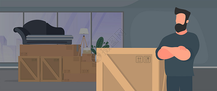 一个男人拿着纸箱站着 送货和货运概念 孤立 向量手臂盒子船运纸板男人工作服务贮存插图邮政图片