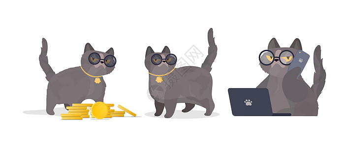 一组戴眼镜的滑稽猫 表情严肃的猫咪贴纸 适用于贴纸衬衫和明信片 孤立 向量图片