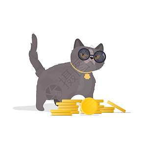 戴着眼镜的逗猫和一堆硬币 表情严肃的猫咪贴纸 适用于贴纸衬衫和明信片 孤立 向量图片