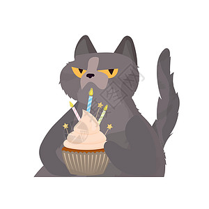 有趣的猫拿着一个节日蛋糕 糖果奶油松饼节日甜点糖果 适用于卡片衬衫和贴纸 平面样式 向量庆典样子乐趣帽子卡通片宠物生日假期插图蛋图片