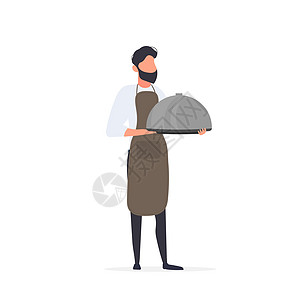 厨师拿着一个带盖的金属盘子 有间距的服务员 孤立 向量午餐工人服务人手男人食物衣服餐饮合金托盘图片