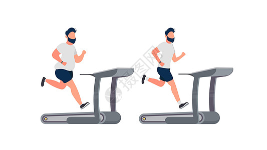胖子在跑步机上跑步 盖伊在模拟器上奔跑 减肥的概念和健康的生活方式 孤立 韦克托图片