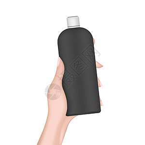 手拿着一个黑色塑料瓶 现实的女性手拿着一瓶 适用于洗发水或沐浴露 孤立 向量图片
