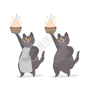 有趣的猫拿着一个节日蛋糕 糖果奶油松饼节日甜点糖果 适用于卡片衬衫和贴纸 平面样式 向量幽默插图帽子卡通片派对蜡烛爪子友谊宠物食图片