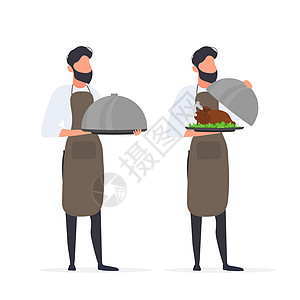厨师拿着一个带盖的金属盘子 有间距的服务员 孤立 向量插图人手合金菜单工作厨具餐饮男人午餐餐厅图片