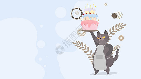 有趣的猫拿着一个节日蛋糕 糖果奶油松饼节日甜点糖果 适合生日快乐卡 矢量平面样式小猫帽子动物假期生日爪子庆典框架卡片幽默图片