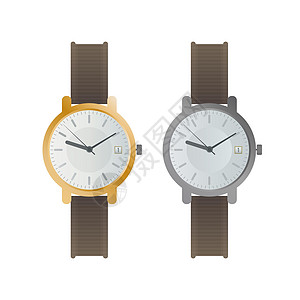 白色表盘和棕色表带的腕表 平面样式的手表 孤立 向量皮革石英带子界面艺术拨号金属男人圆圈插图图片