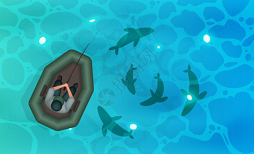 橡皮艇上的渔夫 鱼在水顶视图中 或湖泊清澈湛蓝的水 矢量图图片