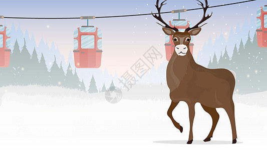 大角鹿 有拖车的缆车在冬天森林里 缆车 森林里有鹿和雪 卡通风格 矢量图海报驯鹿卡通片鹿角荒野假期动物天空哺乳动物旅行图片
