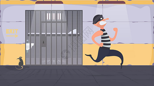 一名囚犯越狱 逃脱罪犯 带金属棒的牢房 卡通风格 向量镣铐窗户犯罪成人刑事监狱犯人地面建筑学奴隶图片