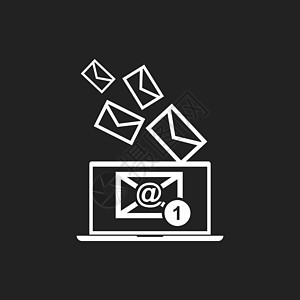 笔记本电脑上的电子邮件 黑色背景下平面样式的矢量插图服务笔记收集档案智力网络写作派遣互联网邮件背景图片