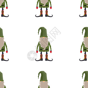 与圣诞侏儒的无缝模式 穿着绿色衣服的斯堪的纳维亚侏儒 留着胡子和戴着绿帽子的小男人 适合明信片和书籍设计 向量图片