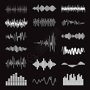 黑色背景上的大集合白色音乐波 向量集的隔离音频徽标脉冲播放器均衡器符号声音设计元素图片