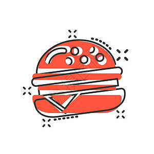 漫画风格的汉堡标志图标 白色孤立背景上的汉堡包矢量卡通插图 芝士汉堡商业概念飞溅效果牛肉卡通片小吃蔬菜早餐营养洋葱面包油炸沙拉图片