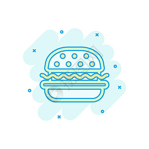漫画风格的汉堡标志图标 白色孤立背景上的汉堡包矢量卡通插图 芝士汉堡商业概念飞溅效果油炸卡通片牛肉早餐沙拉包子营养种子蔬菜中风图片
