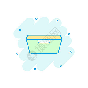 漫画风格的食品容器图标 厨房碗矢量卡通插图象形文字 塑料容器盒业务概念飞溅效果空白卡通片盒子午餐陶瓷圆形集装箱制品绘画产品图片